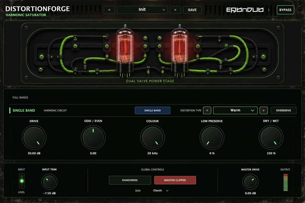 DistortionForge Classic single-band interface with character, Drive, Colour, Low Preserve and Dry Wet controls
