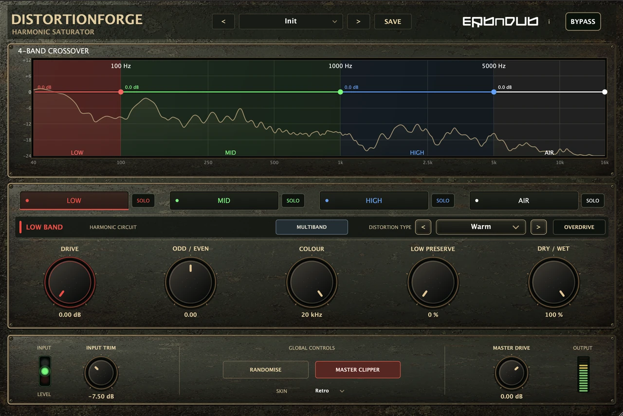 DistortionForge Retro Hardware Skin showing Low, Mid, High and Air bands