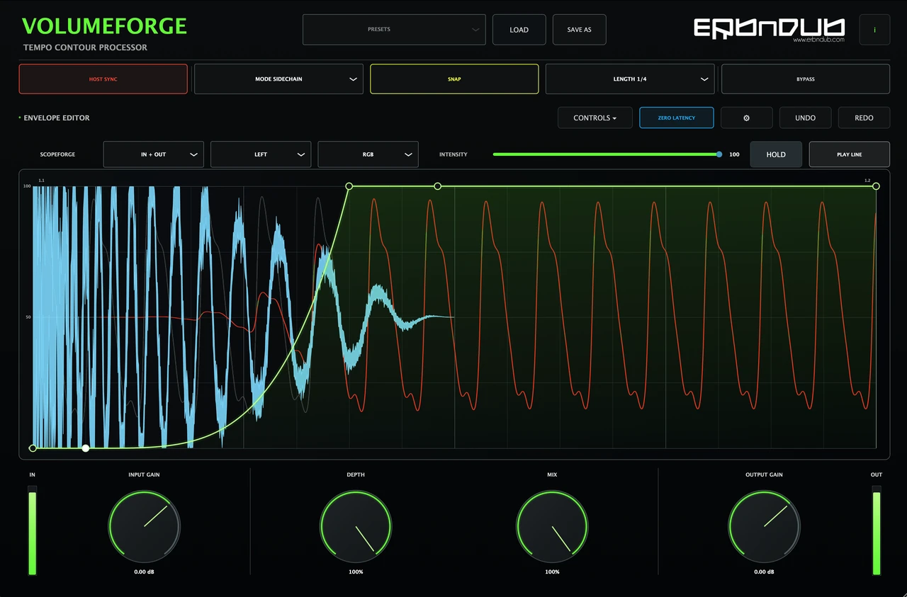 VolumeForge with a drawn volume curve, input and output waveforms, and the external sidechain reference